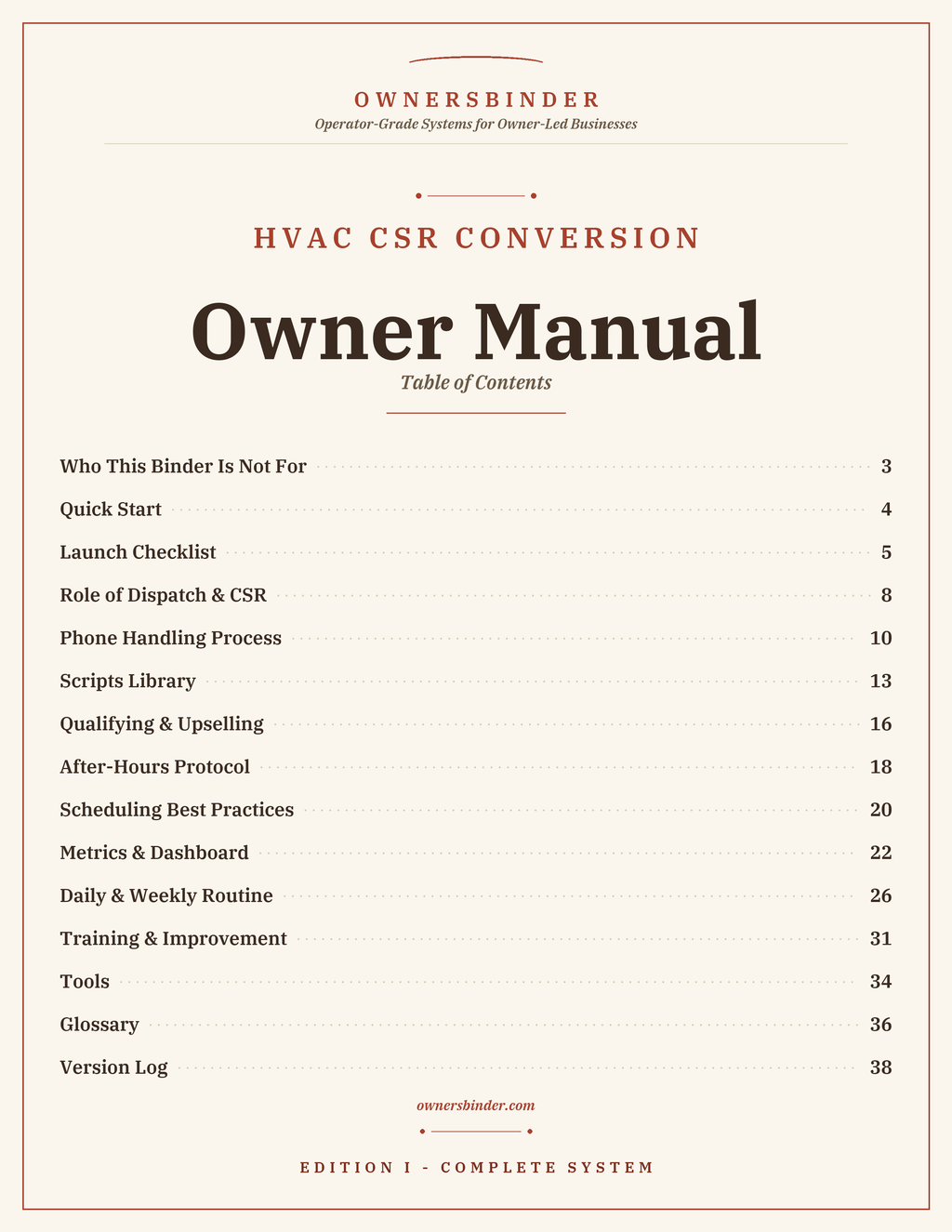 Table of contents for the HVAC CSR Conversion owner manual with launch, training, metrics, and rollout sections
