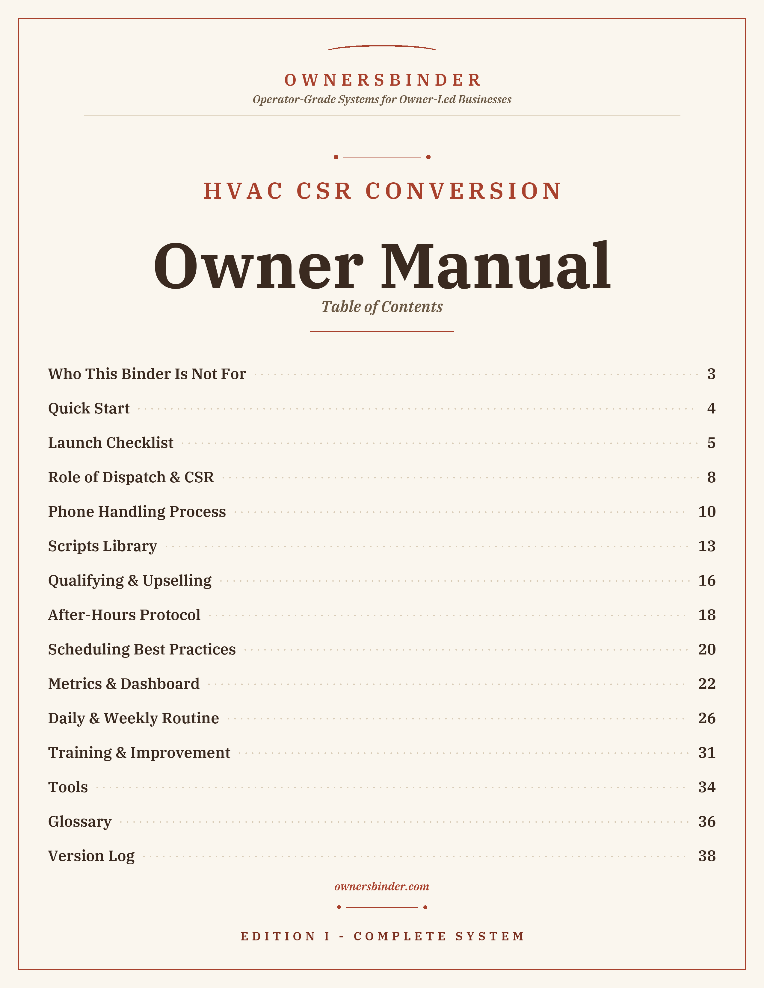Table of contents for the HVAC CSR Conversion owner manual with launch, training, metrics, and rollout sections