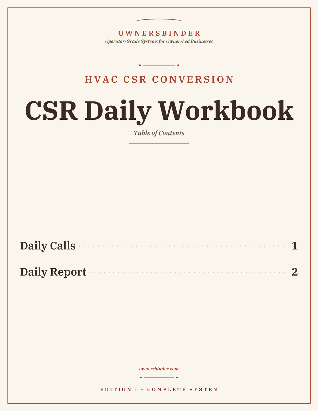 CSR Daily Workbook overview with daily call log and daily report tabs for HVAC front-office staff