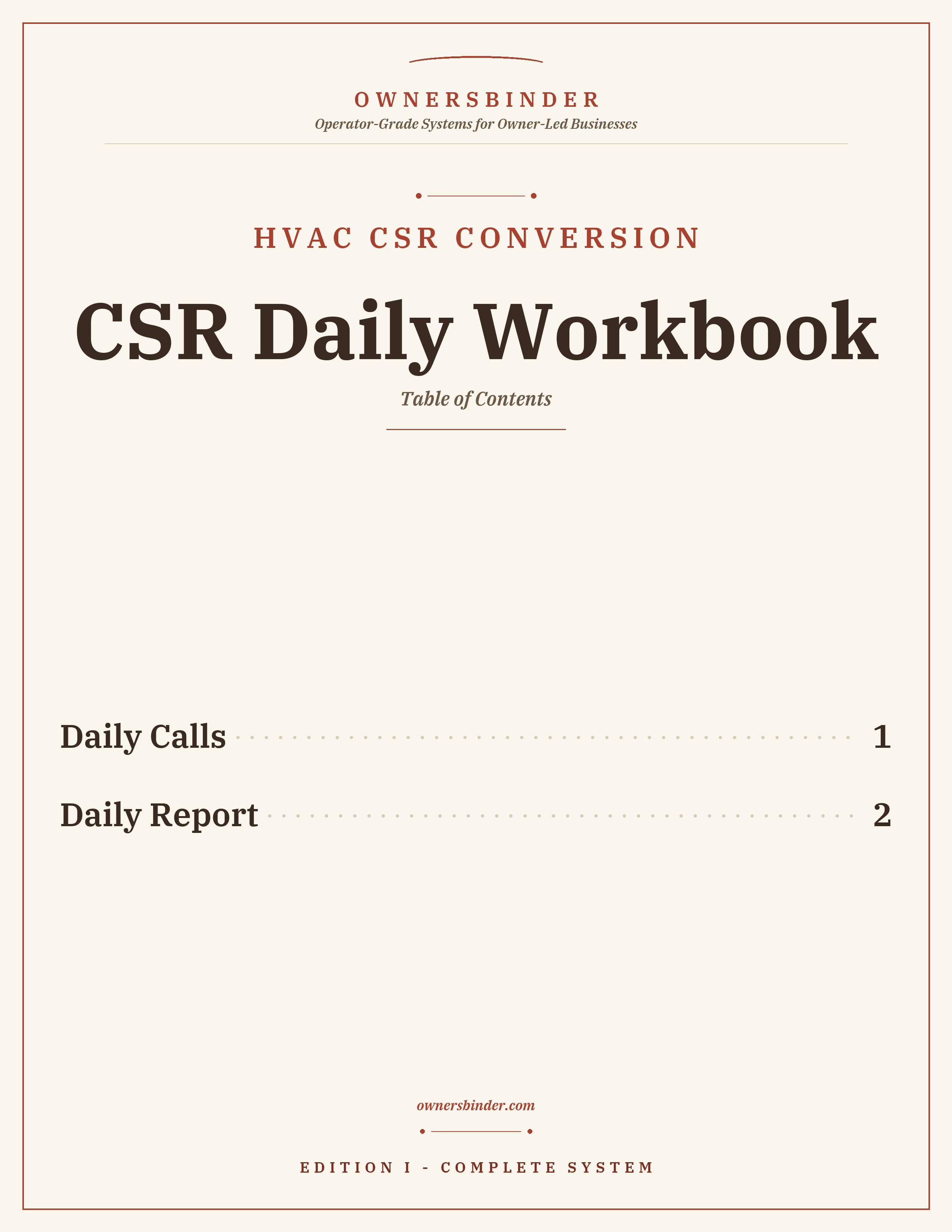 CSR Daily Workbook overview with daily call log and daily report tabs for HVAC front-office staff