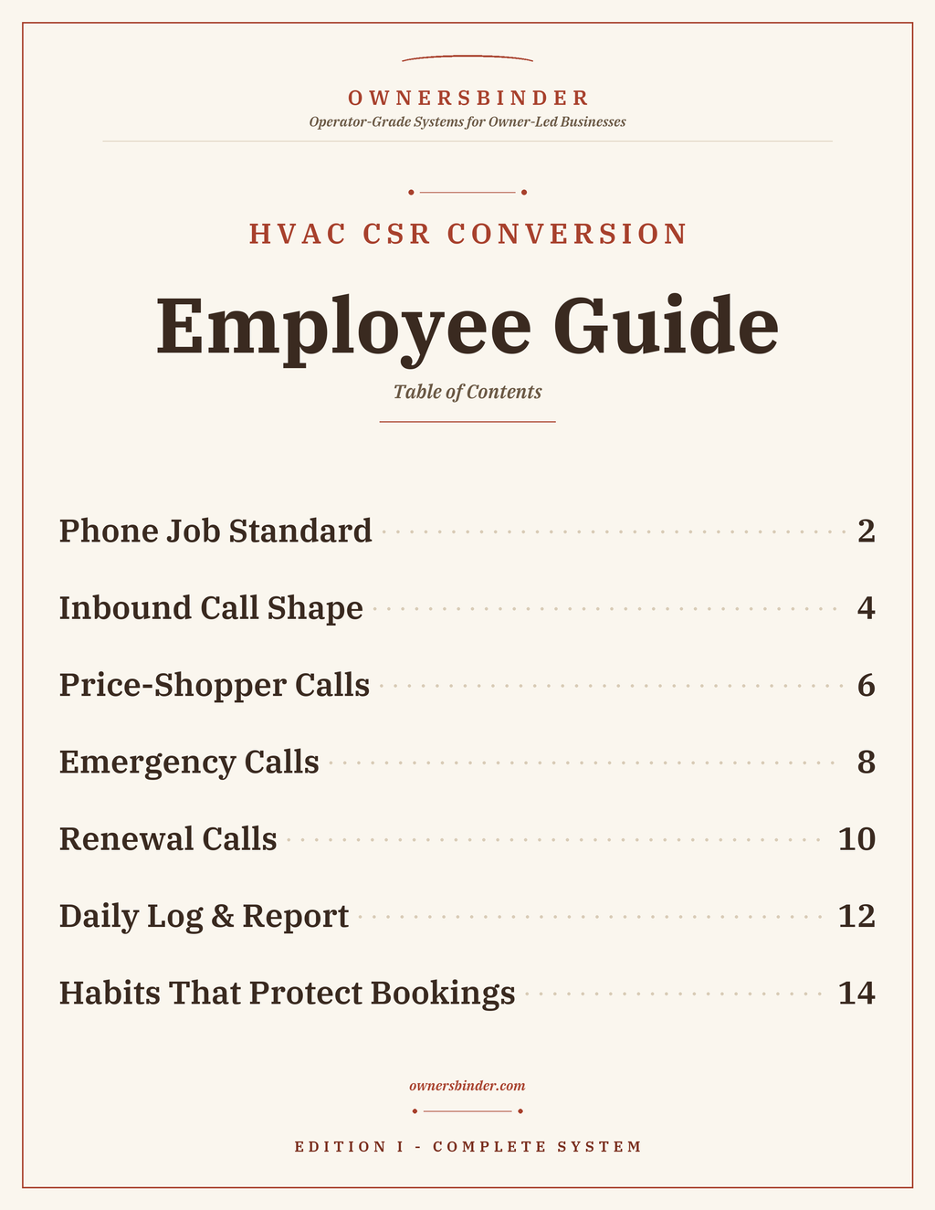 Staff-facing employee guide table of contents for HVAC CSRs and dispatchers