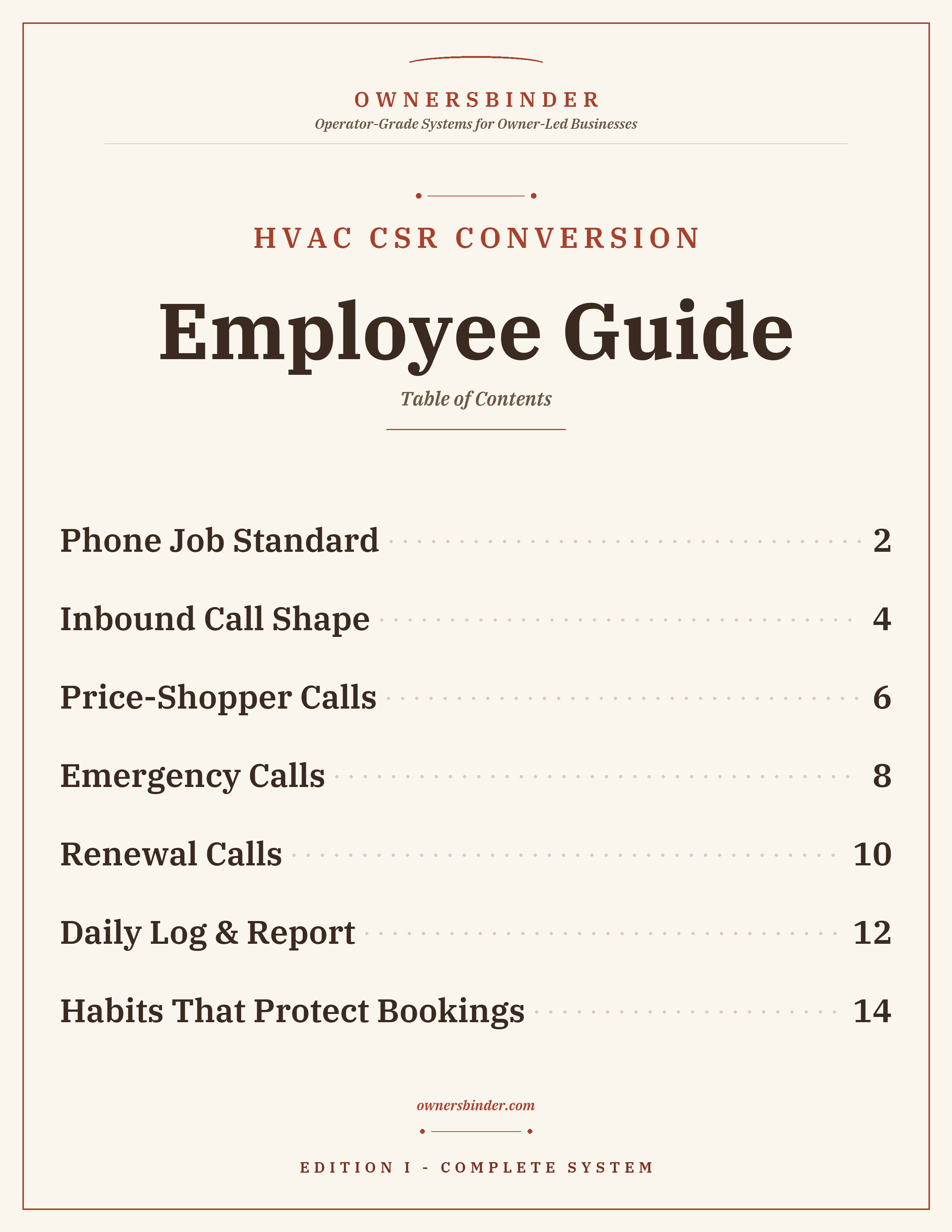 Staff-facing employee guide table of contents for HVAC CSRs and dispatchers
