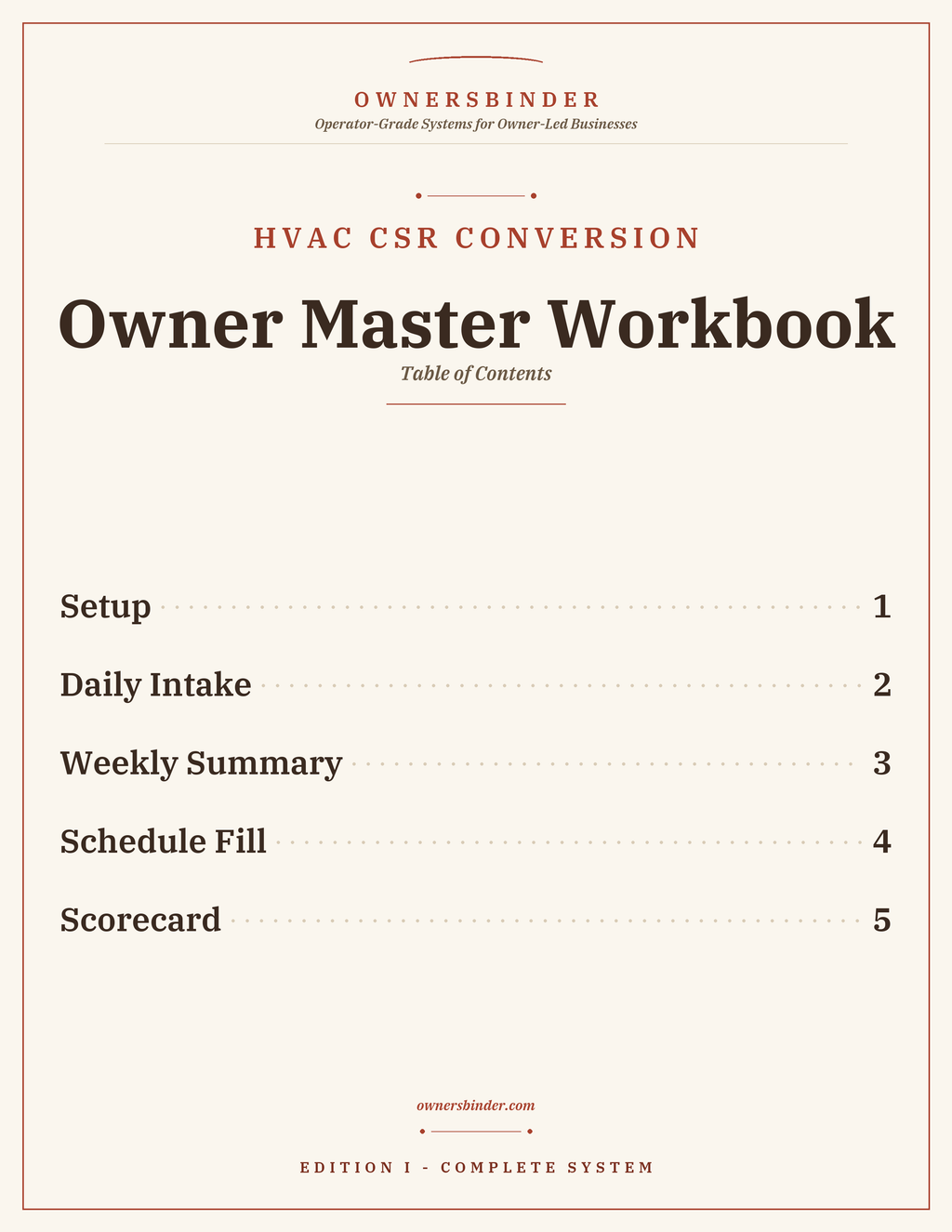 Owner Master Workbook overview with setup, daily intake, weekly summary, schedule fill, and scorecard tabs