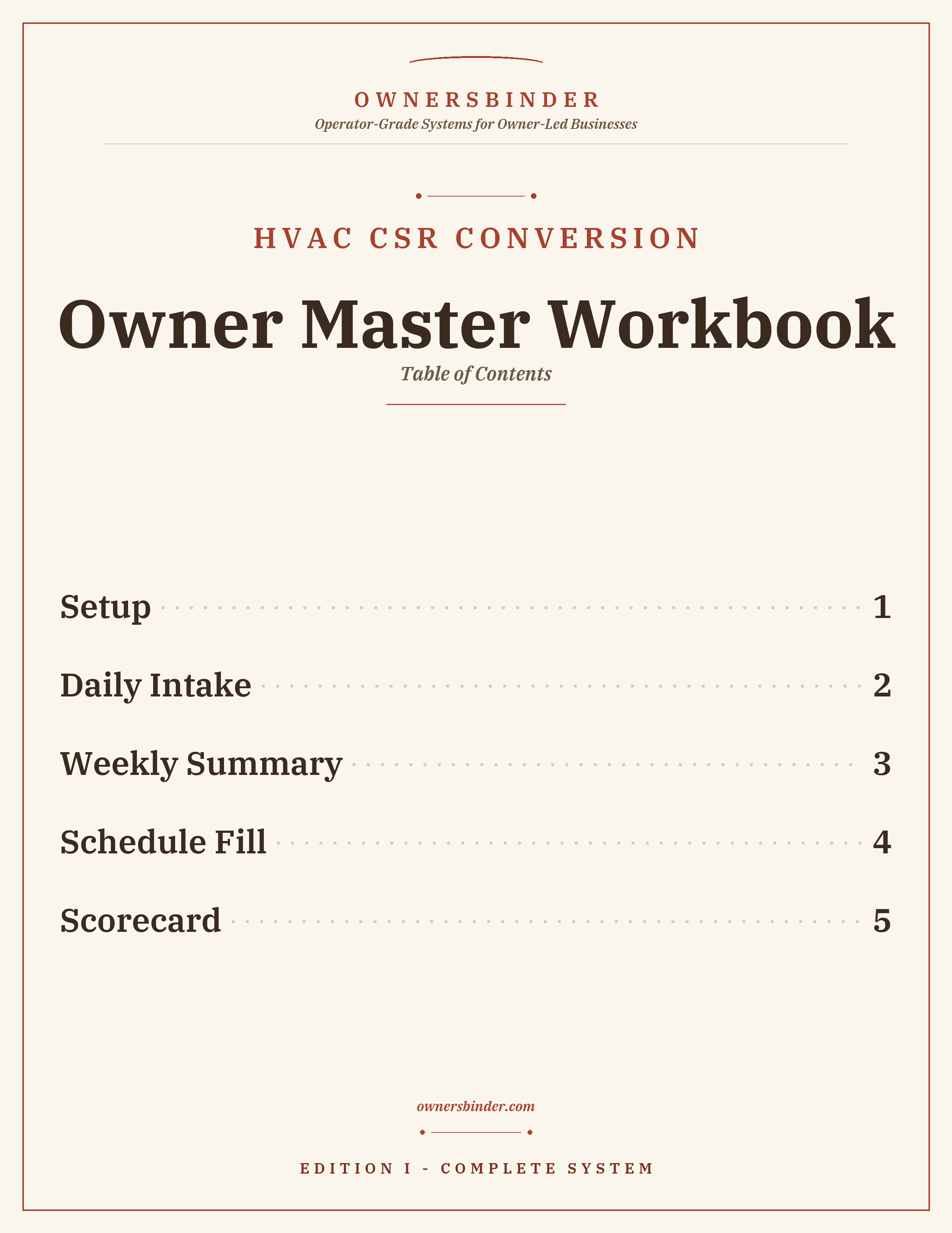 Owner Master Workbook overview with setup, daily intake, weekly summary, schedule fill, and scorecard tabs
