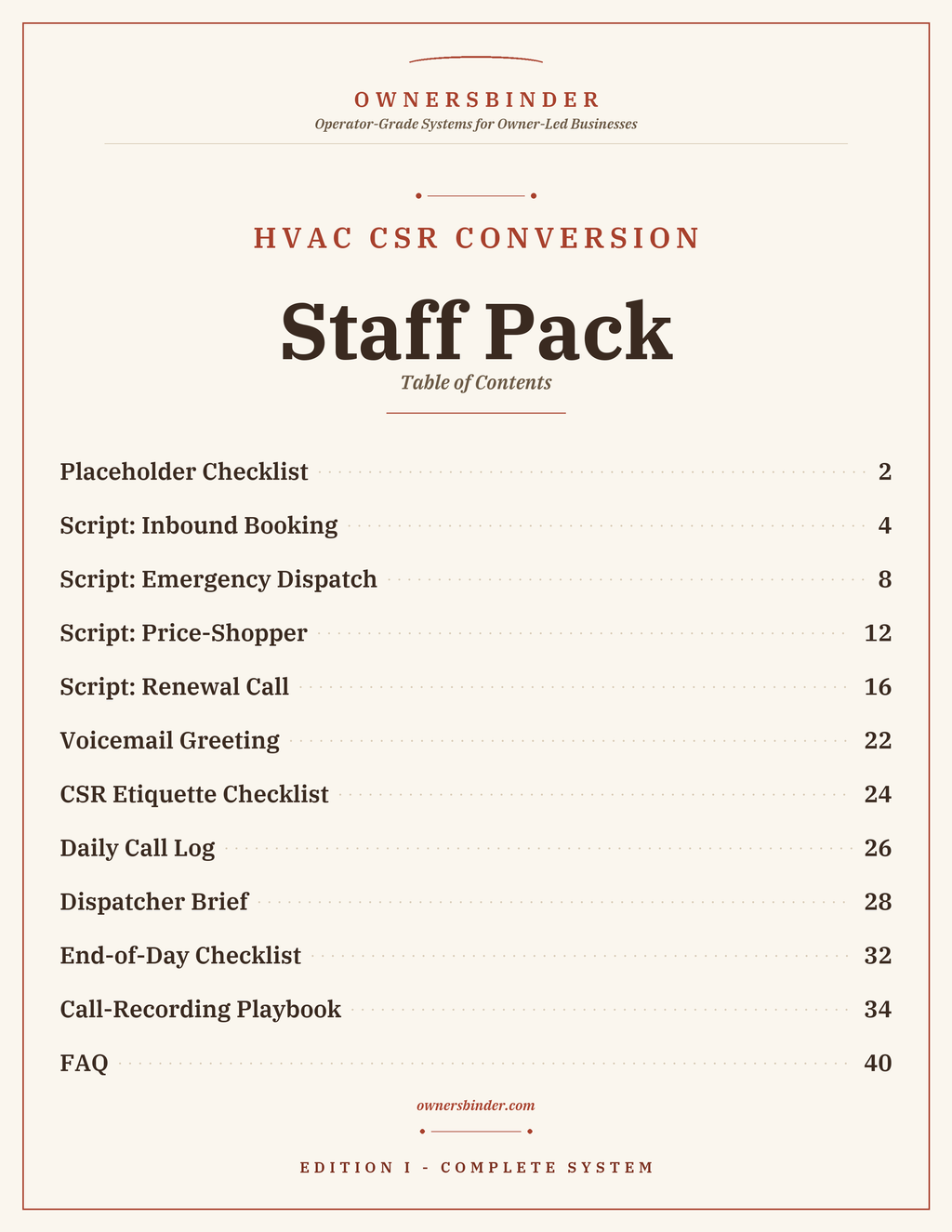 Staff Pack table of contents showing inbound, emergency, price-shopper, renewal, voicemail, and checklist sections