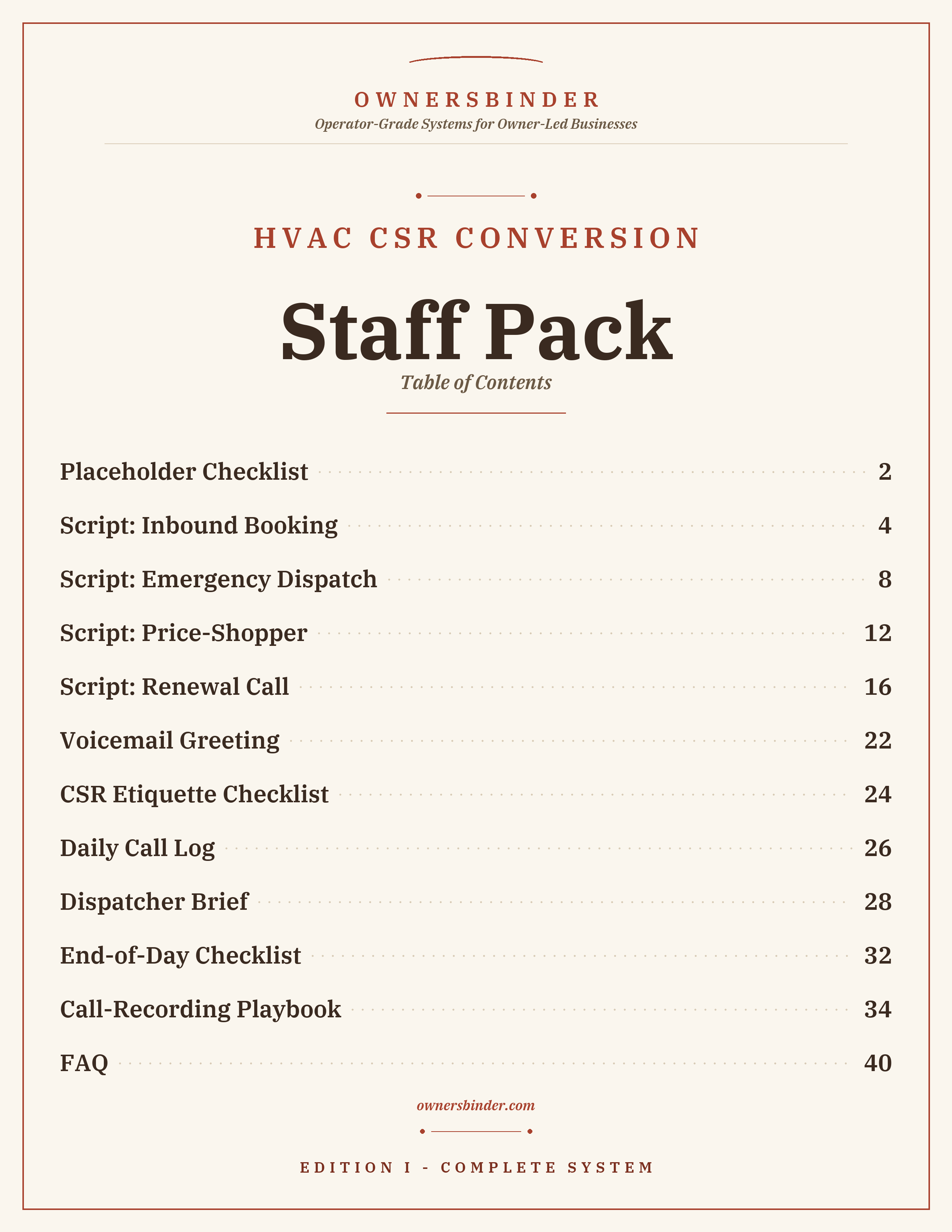 Staff Pack table of contents showing inbound, emergency, price-shopper, renewal, voicemail, and checklist sections