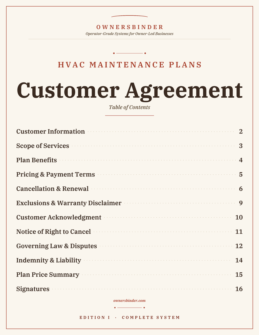 Table of contents for the Customer Agreement template included with the maintenance plan system.
