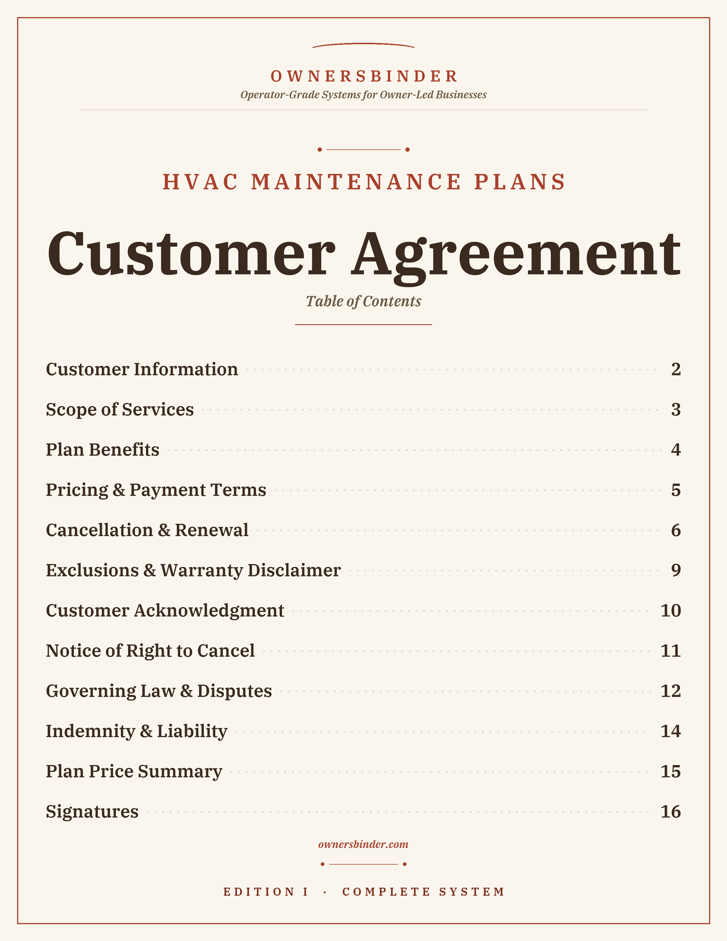 Table of contents for the Customer Agreement template included with the maintenance plan system.