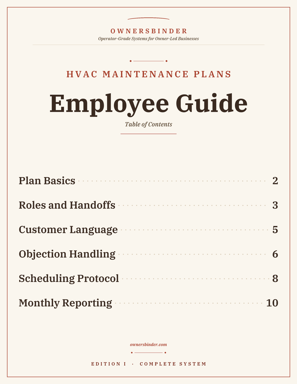 Table of contents for the Employee Guide for techs, CSRs, and dispatchers.