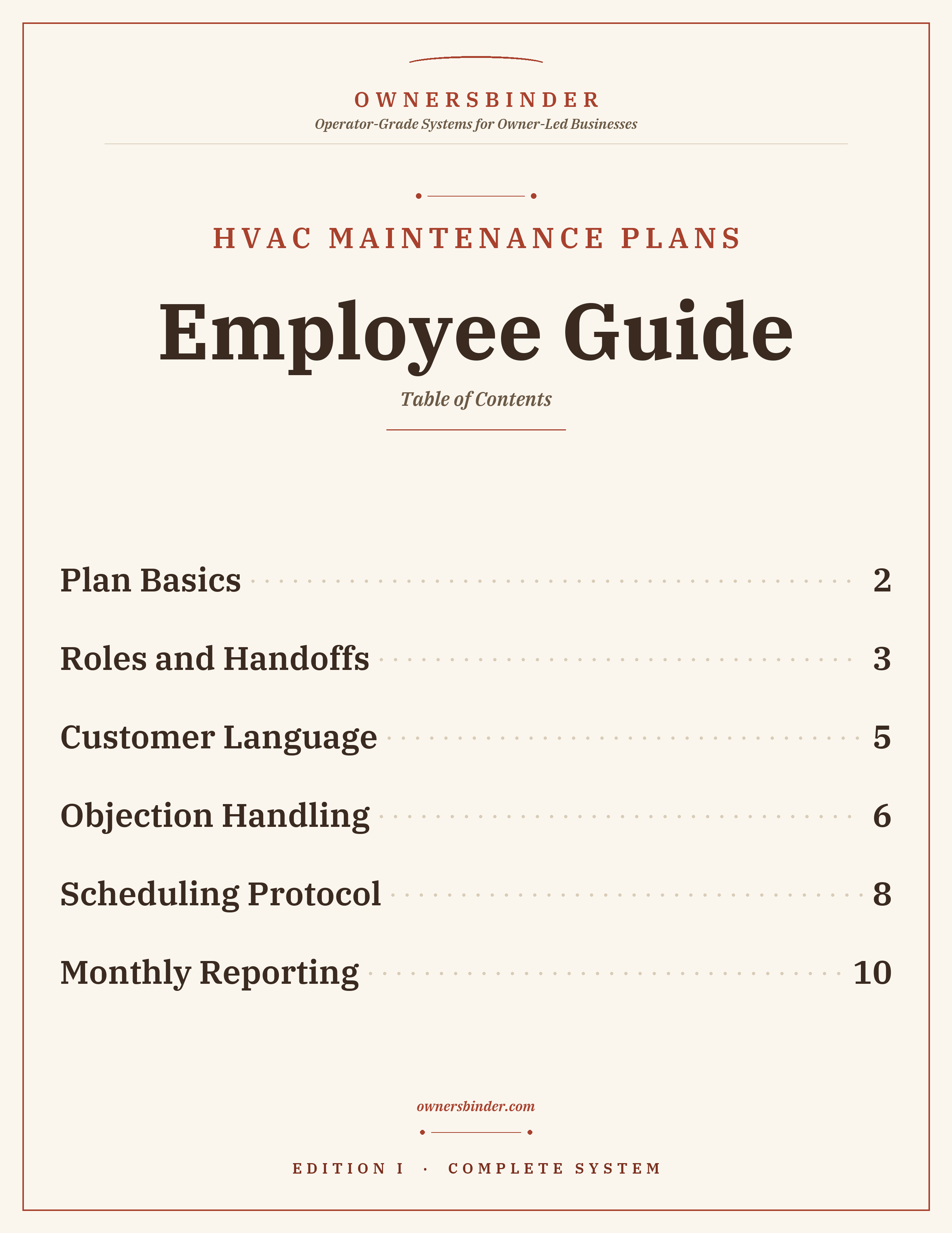 Table of contents for the Employee Guide for techs, CSRs, and dispatchers.