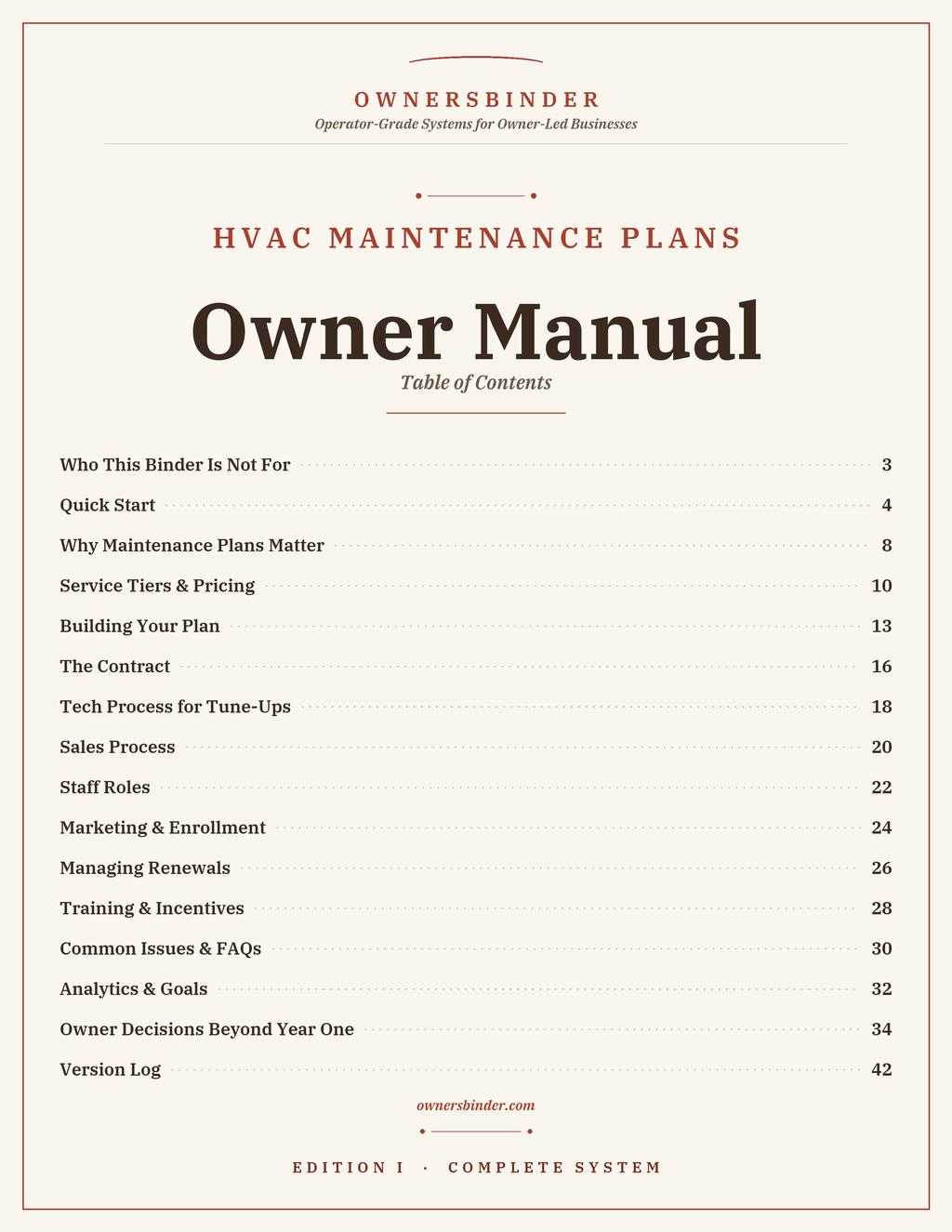 Table of contents for the HVAC Maintenance Plan System Owner Manual.