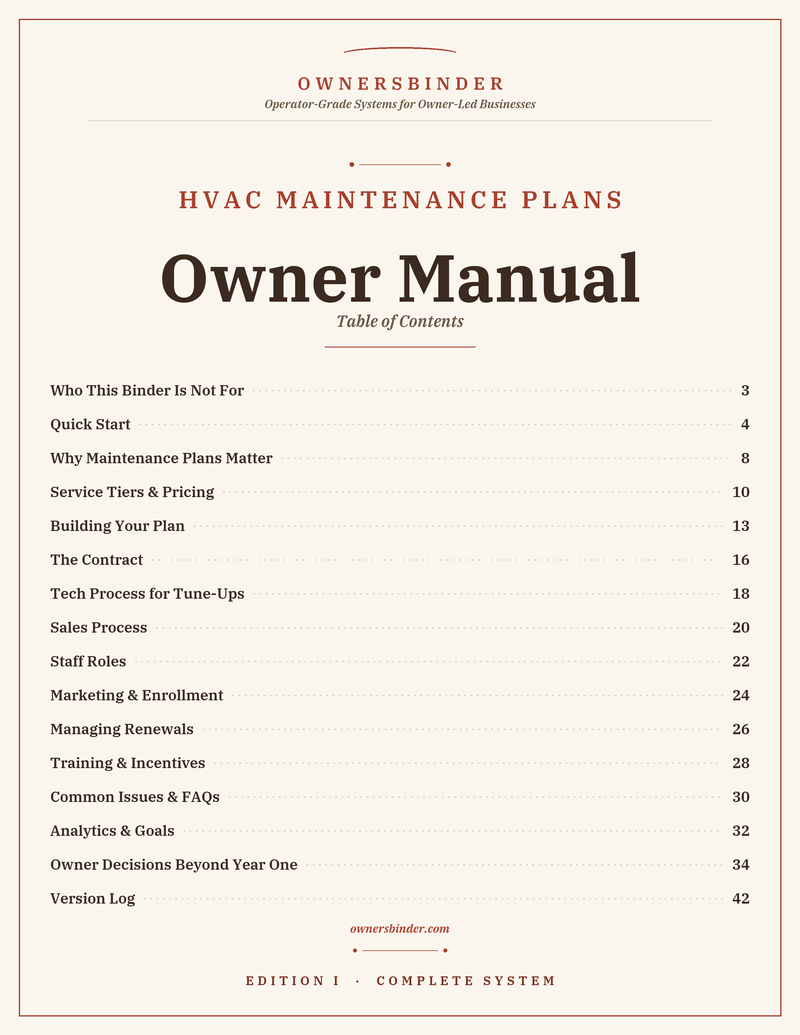 Table of contents for the HVAC Maintenance Plan System Owner Manual.