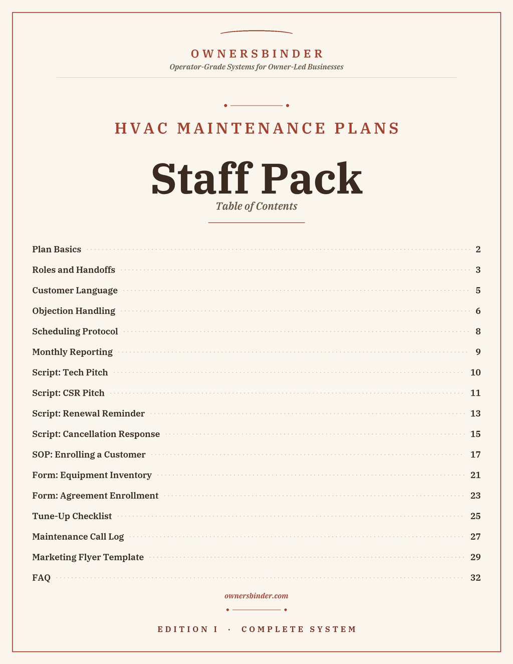 Table of contents for the Staff Pack with scripts, SOPs, forms, checklists, and FAQ.