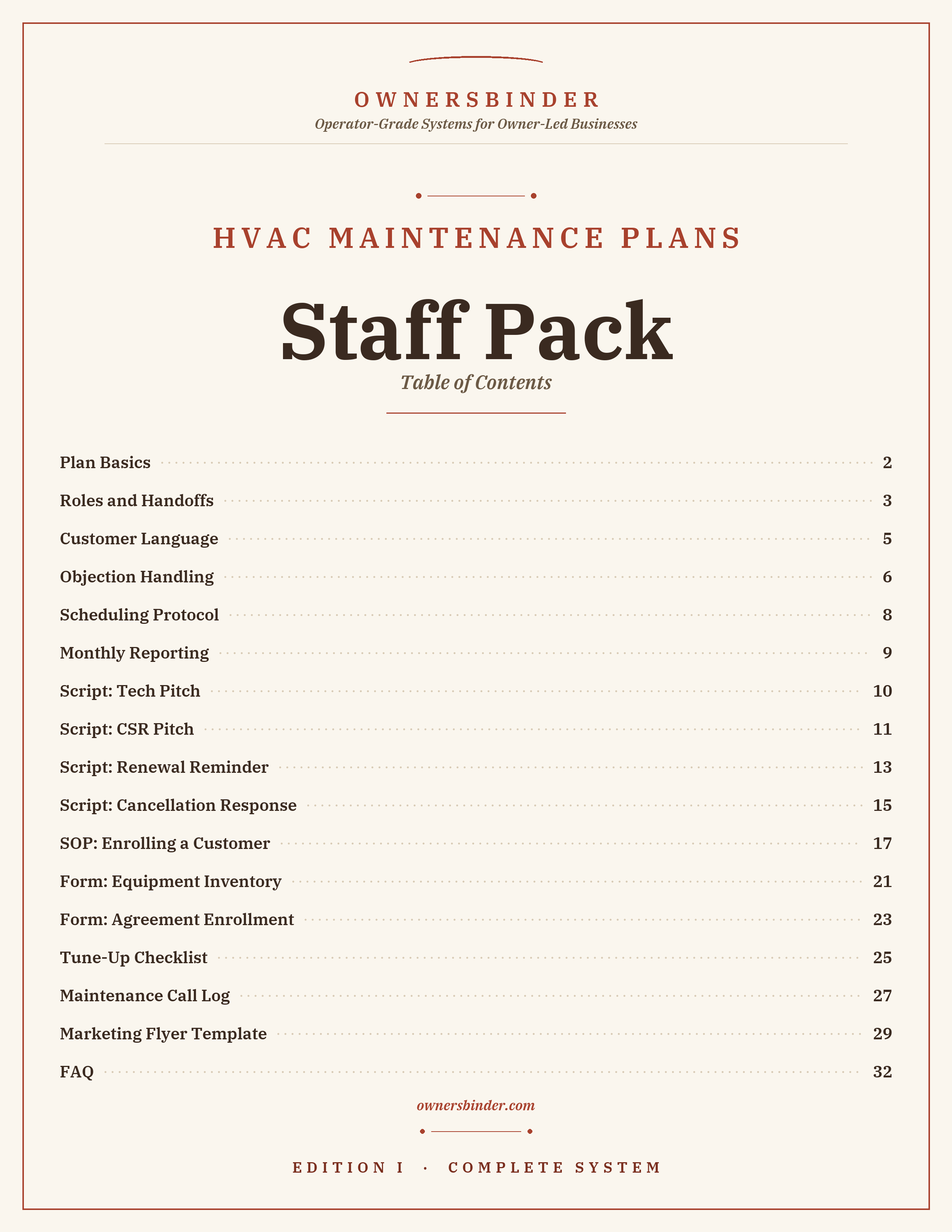 Table of contents for the Staff Pack with scripts, SOPs, forms, checklists, and FAQ.