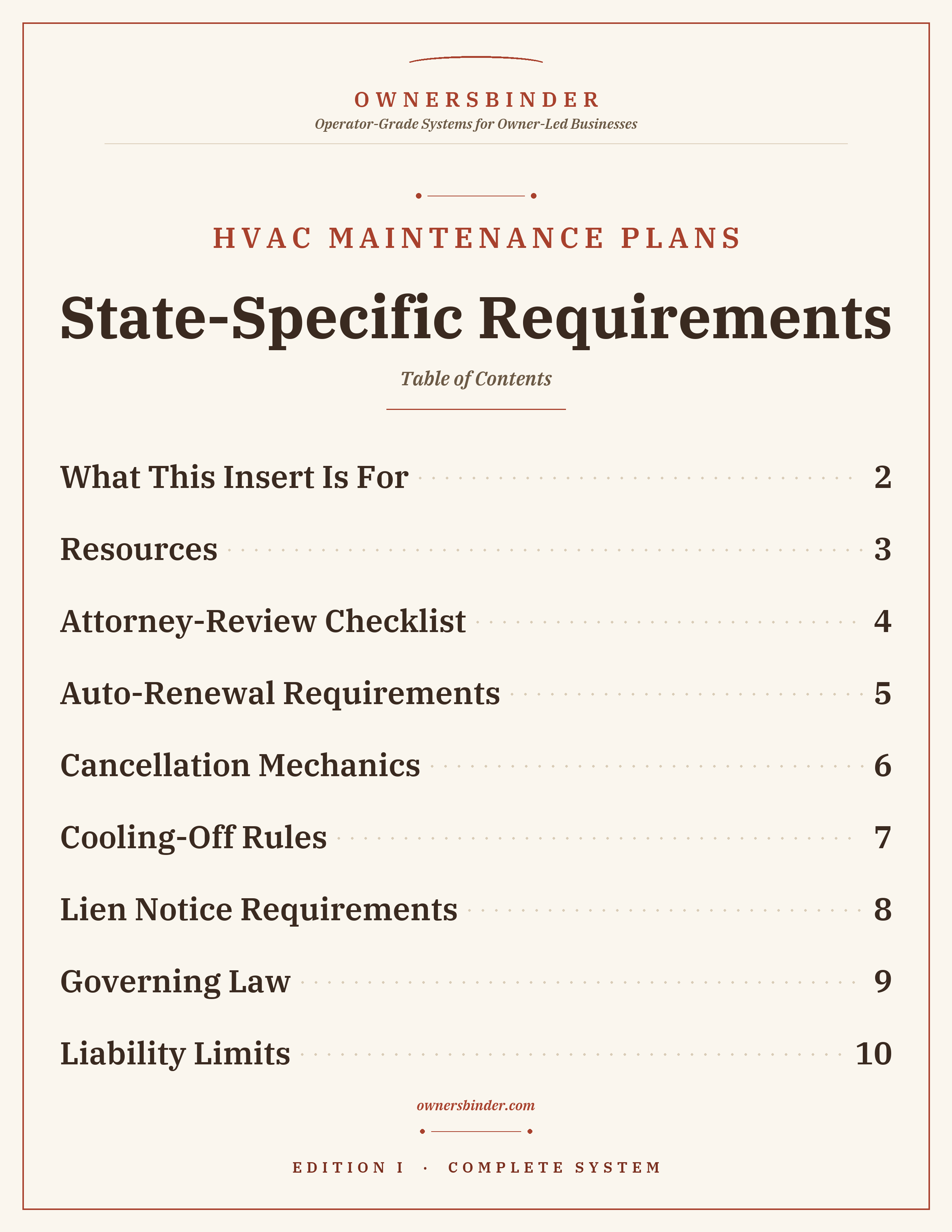 Table of contents for the State-Specific Requirements and attorney-review checklist.
