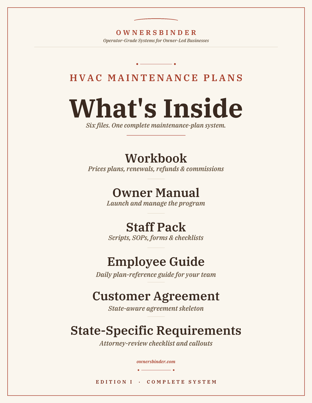 Overview of the six files included in the OwnersBinder HVAC Maintenance Plan System.