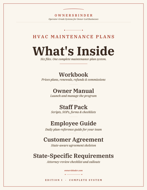 Overview of the six files included in the OwnersBinder HVAC Maintenance Plan System.