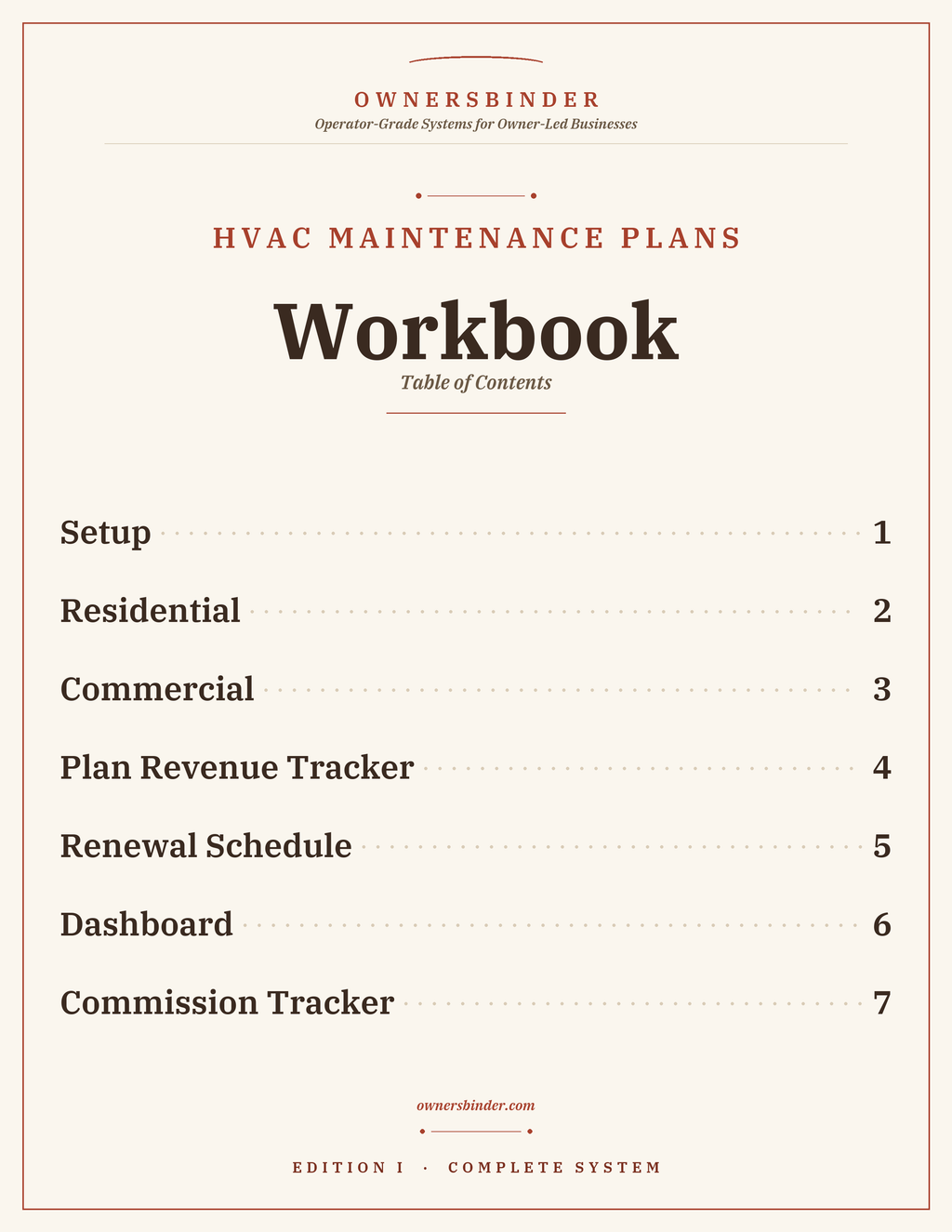 Table of contents for the Maintenance Plans Workbook with pricing, tracking, renewals, dashboard, and commissions.