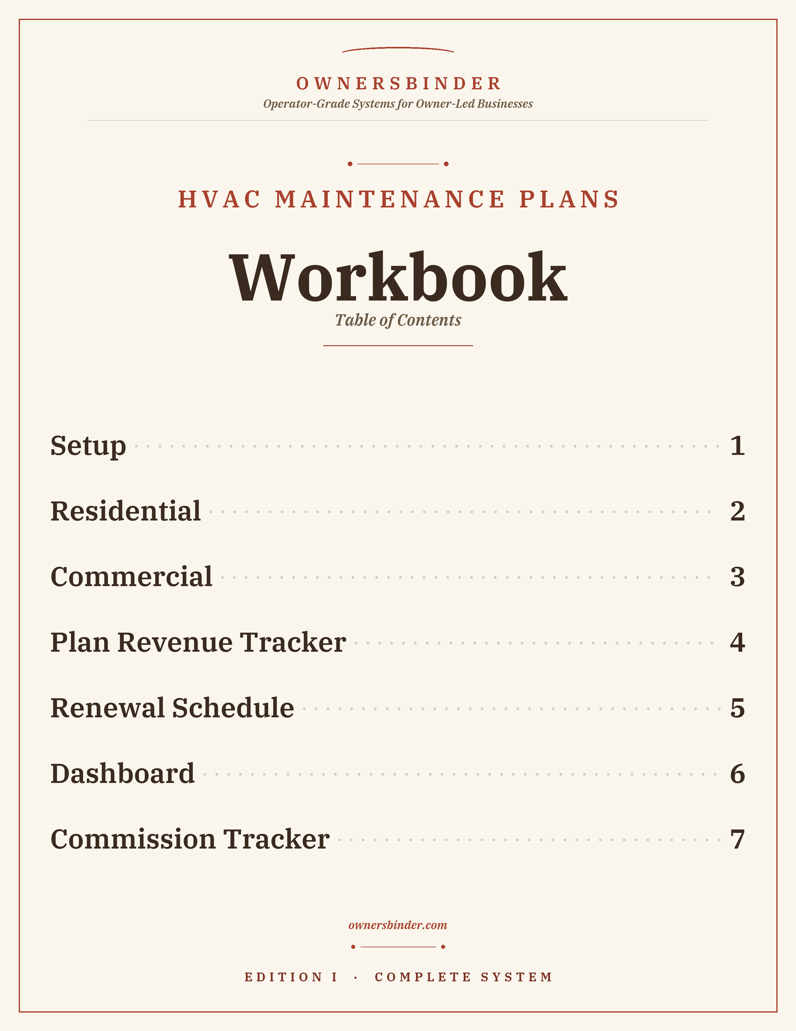 Table of contents for the Maintenance Plans Workbook with pricing, tracking, renewals, dashboard, and commissions.