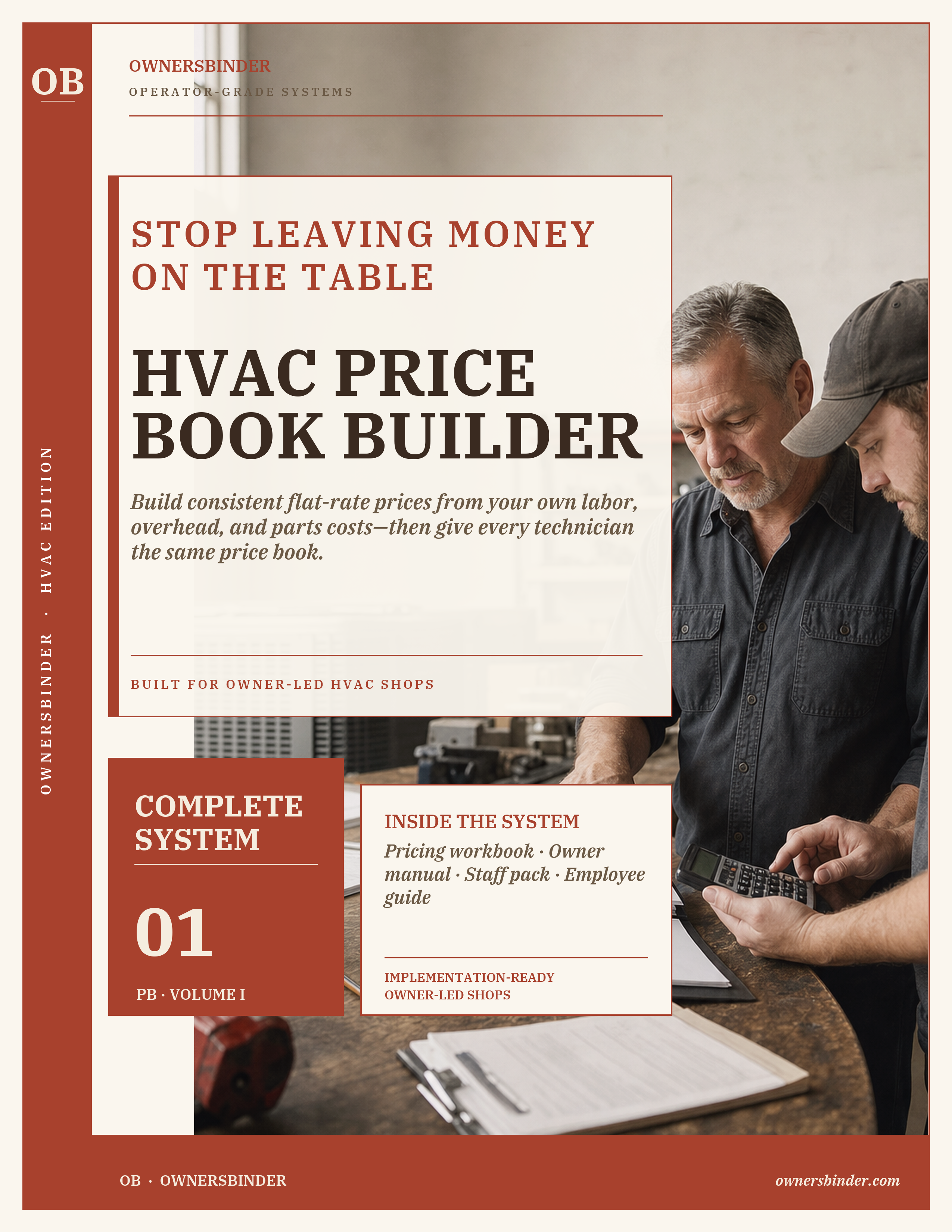 OwnersBinder HVAC Price Book Builder — flat-rate pricing system cover for owner-led HVAC shops