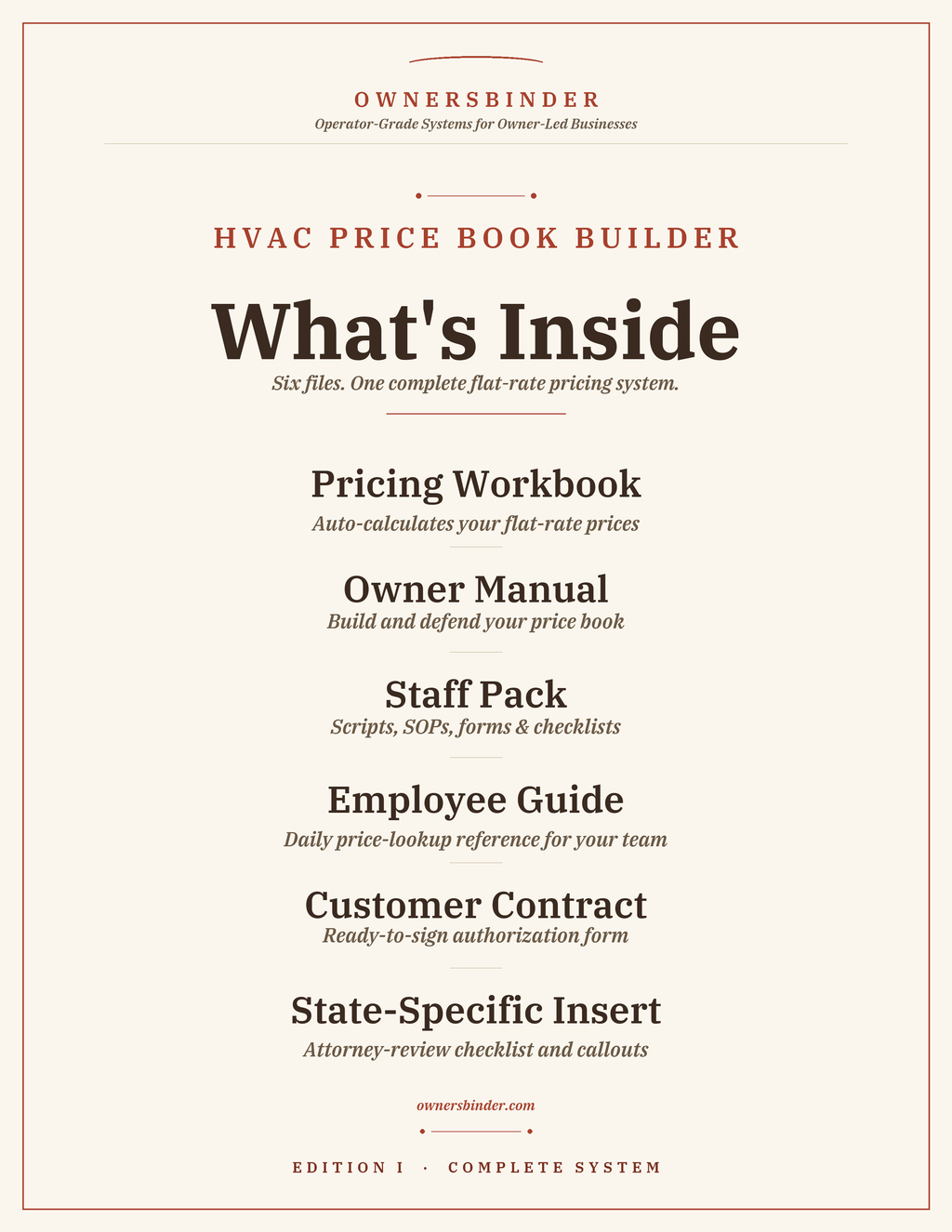 What's inside the HVAC Price Book Builder: workbook, owner manual, staff pack, employee guide, and customer contract