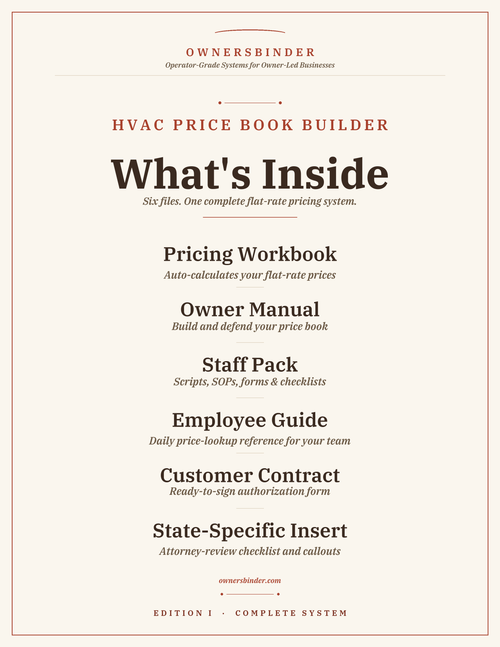 What's inside the HVAC Price Book Builder: workbook, owner manual, staff pack, employee guide, and customer contract