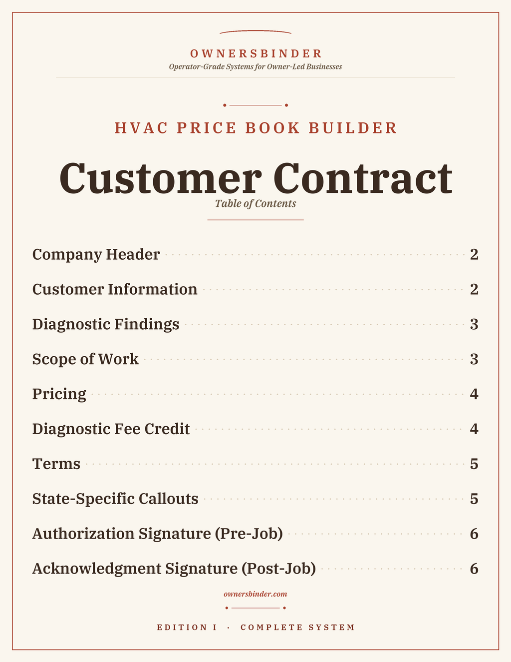 HVAC Price Book Builder Customer Contract contents: scope of work, pricing, terms, and authorization signatures