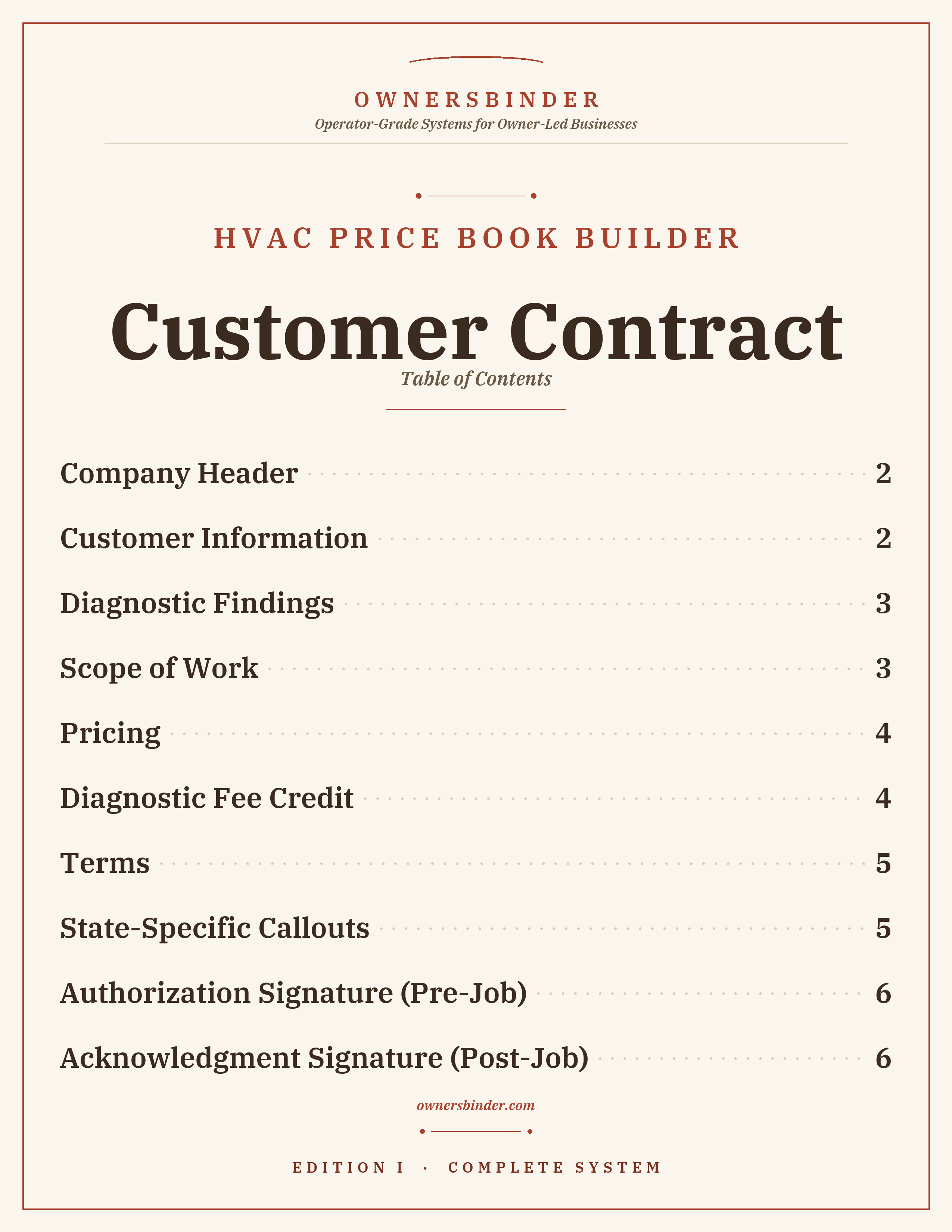 HVAC Price Book Builder Customer Contract contents: scope of work, pricing, terms, and authorization signatures