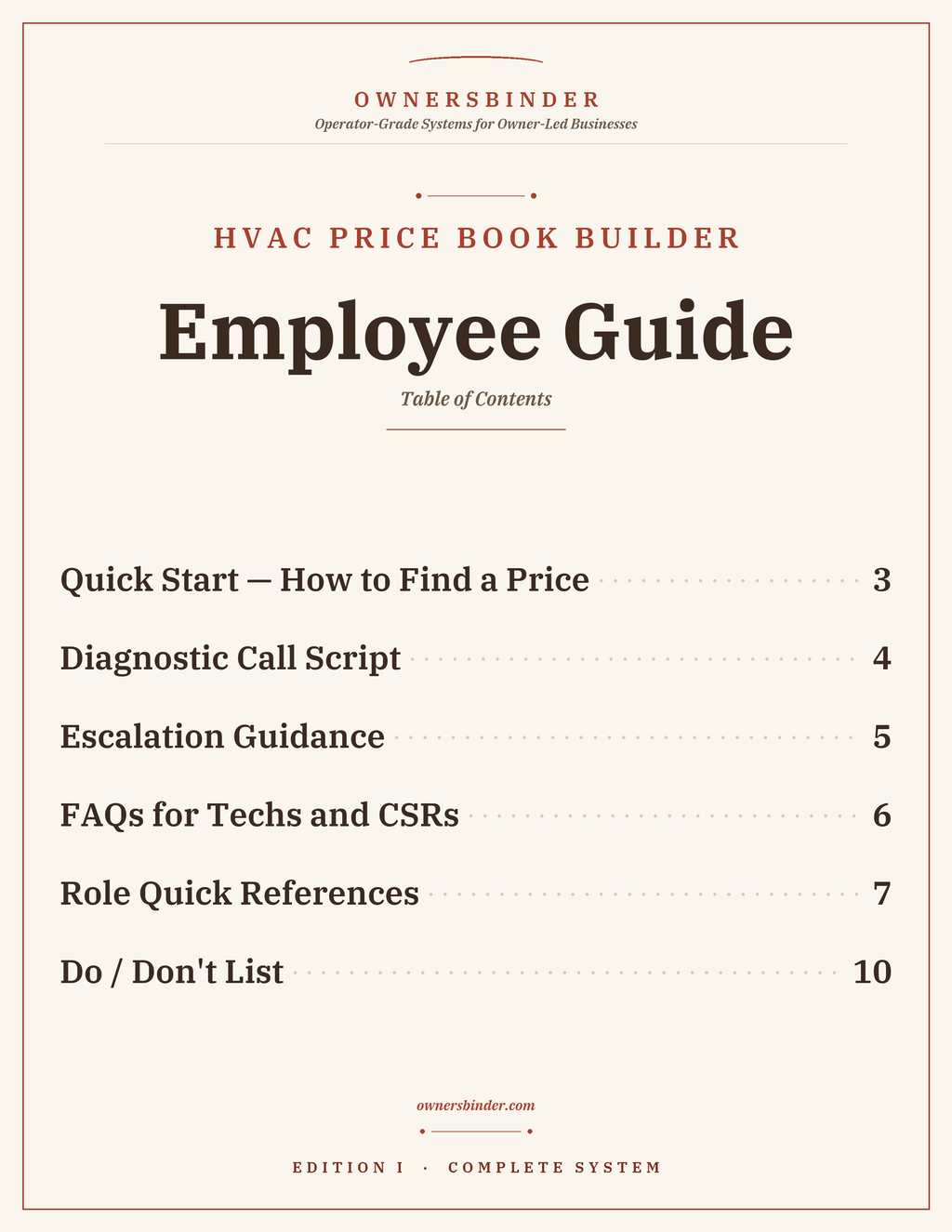 HVAC Price Book Builder Employee Guide contents: price lookup, call scripts, and escalation for staff