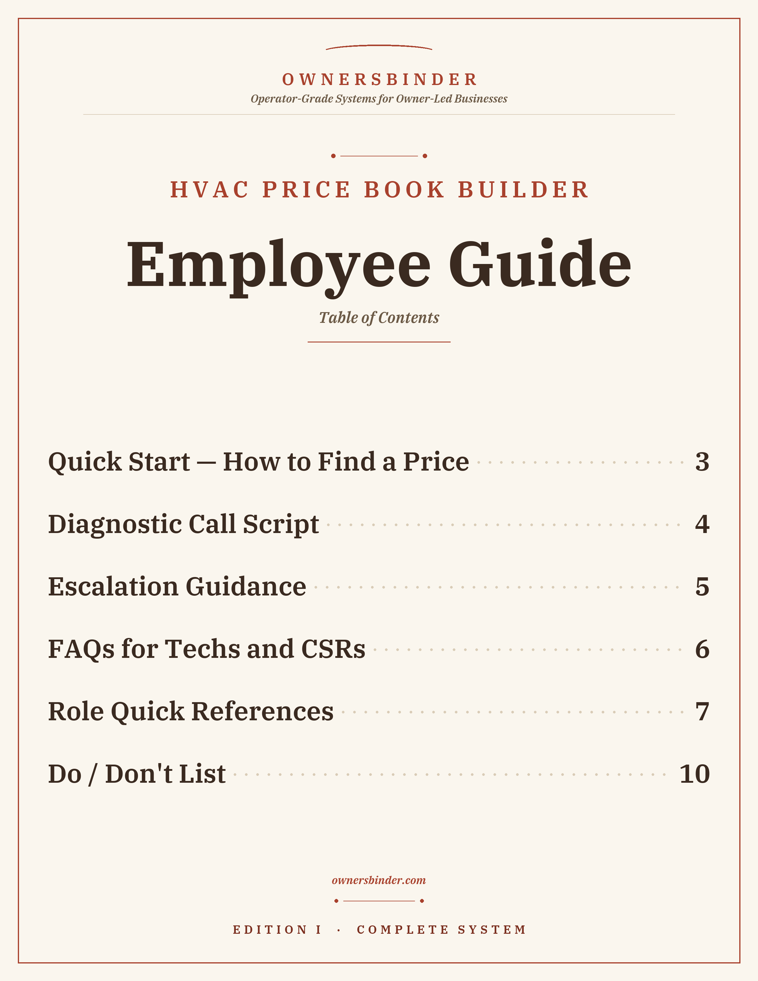 HVAC Price Book Builder Employee Guide contents: price lookup, call scripts, and escalation for staff