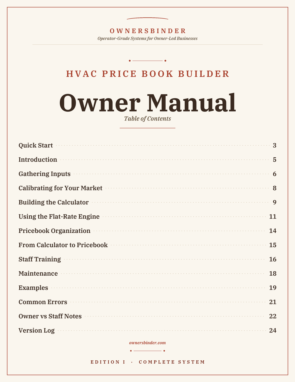 HVAC Price Book Builder Owner Manual table of contents: 14 sections