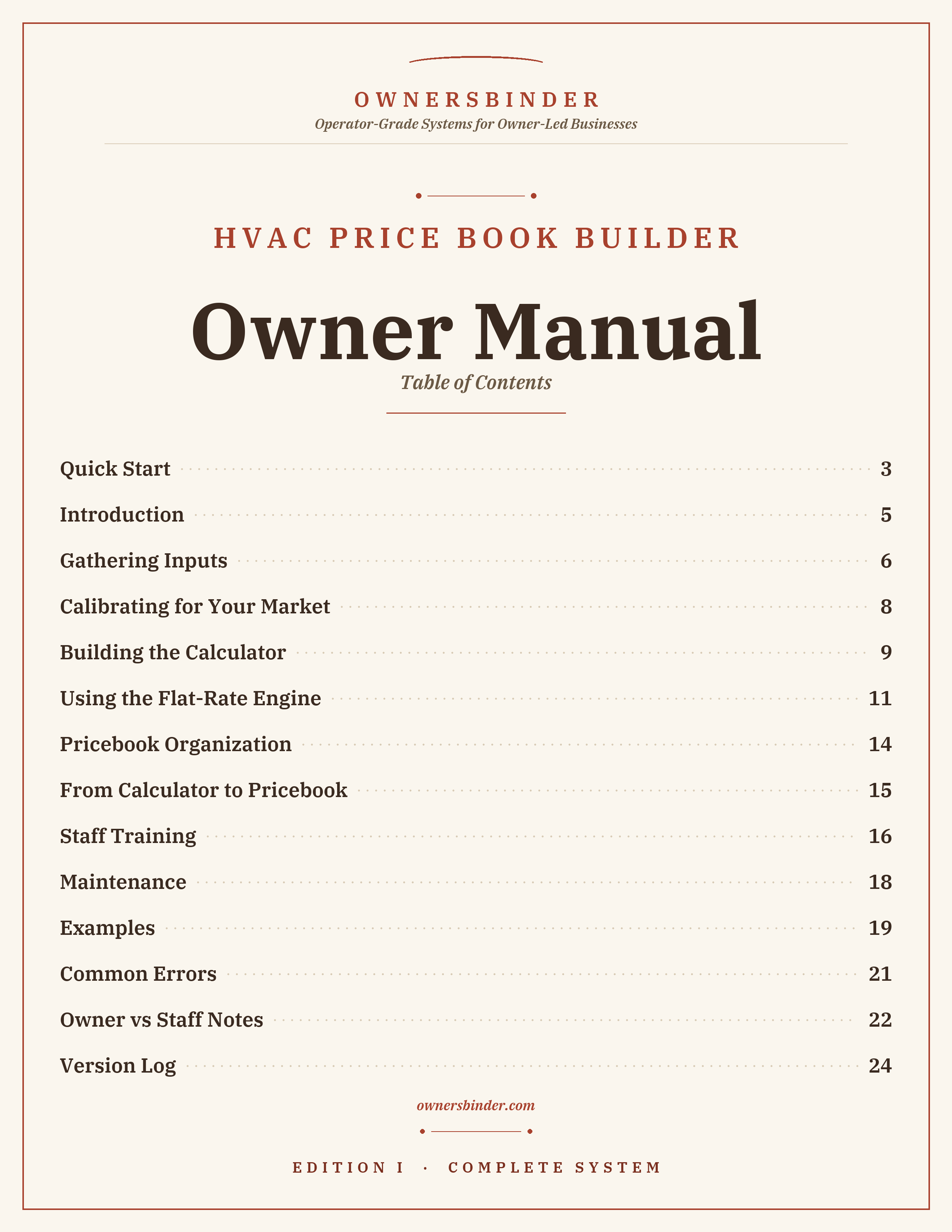 HVAC Price Book Builder Owner Manual table of contents: 14 sections