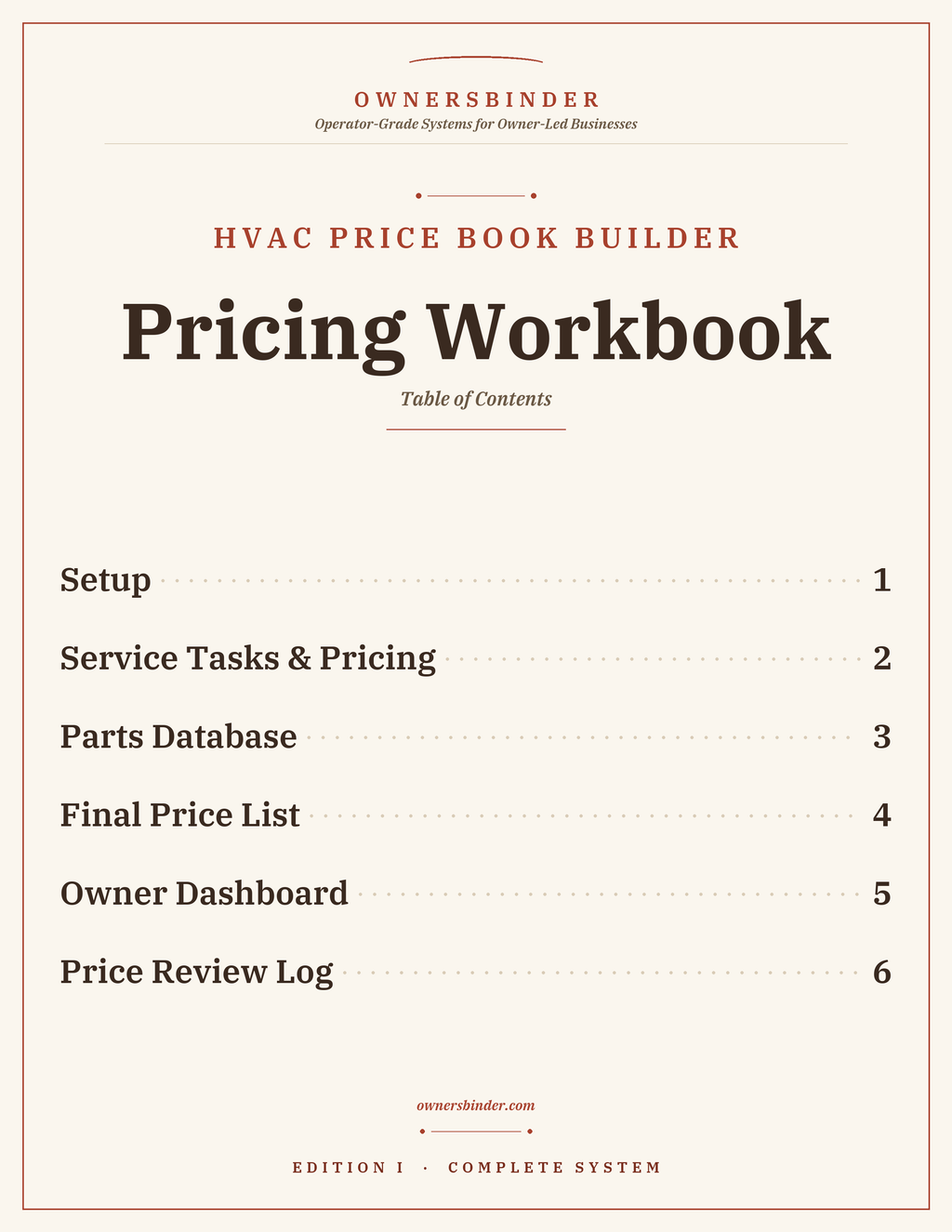 HVAC Price Book Builder Pricing Workbook tabs: setup, service tasks & pricing, parts database, and final price list