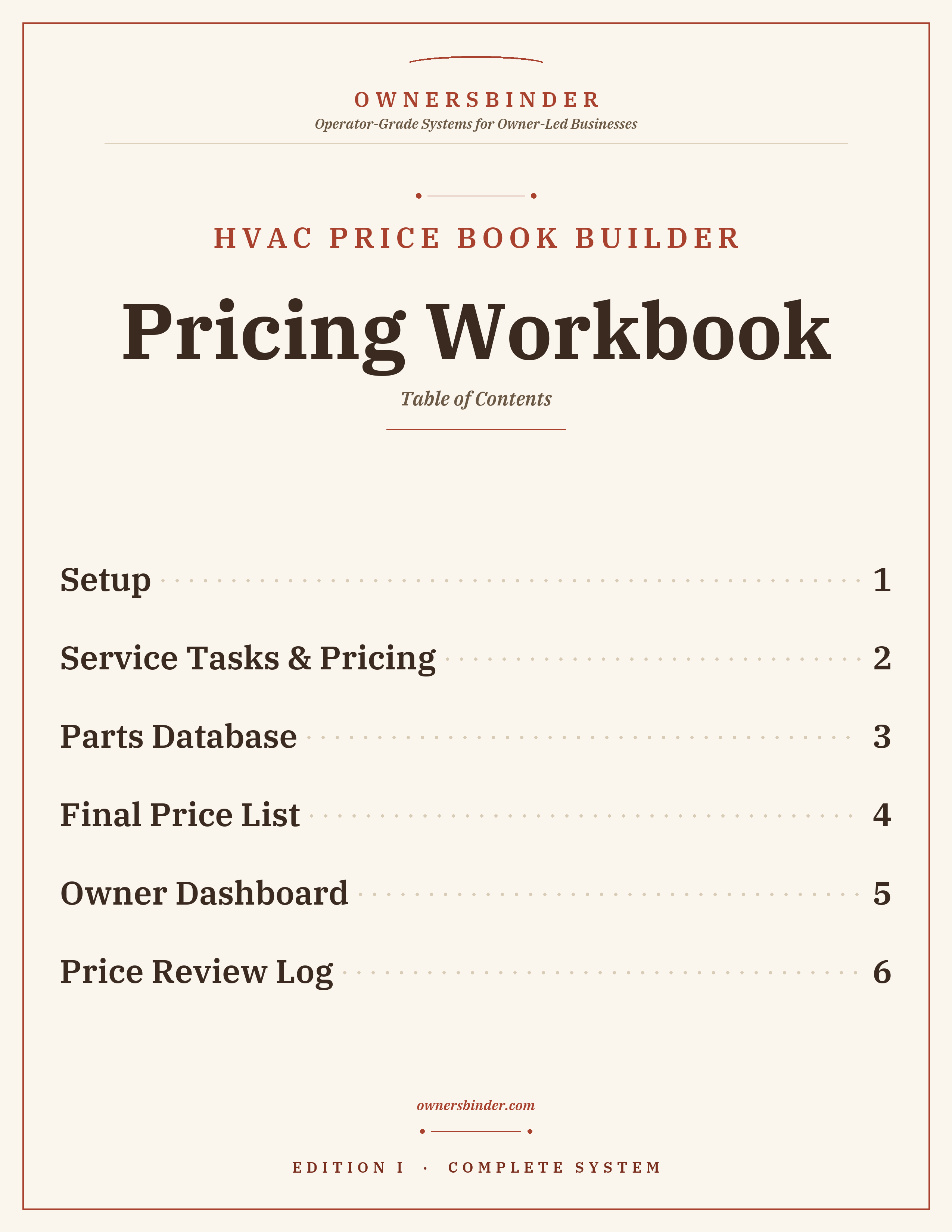 HVAC Price Book Builder Pricing Workbook tabs: setup, service tasks & pricing, parts database, and final price list