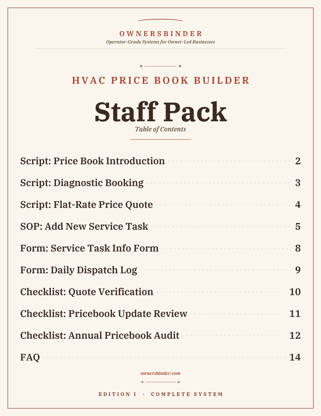 HVAC Price Book Builder Staff Pack contents: scripts, SOPs, forms, and checklists for HVAC teams