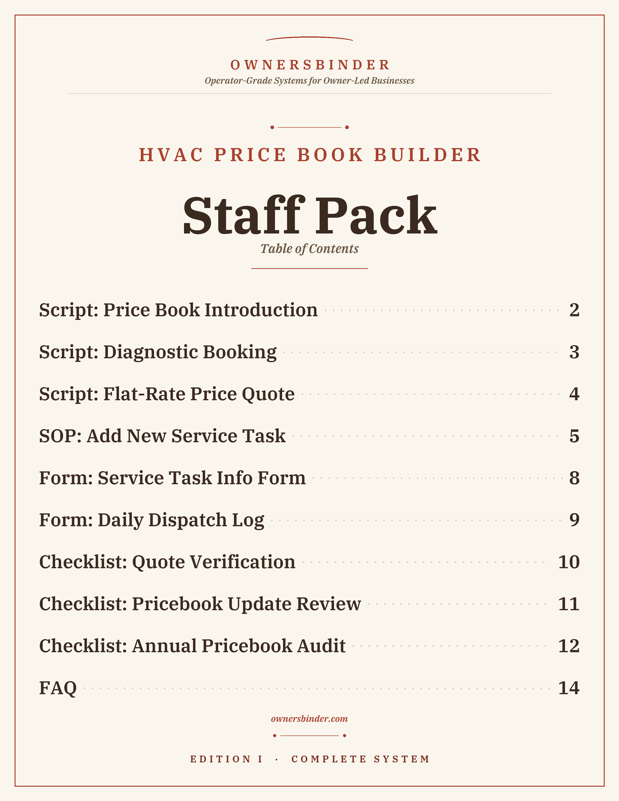 HVAC Price Book Builder Staff Pack contents: scripts, SOPs, forms, and checklists for HVAC teams