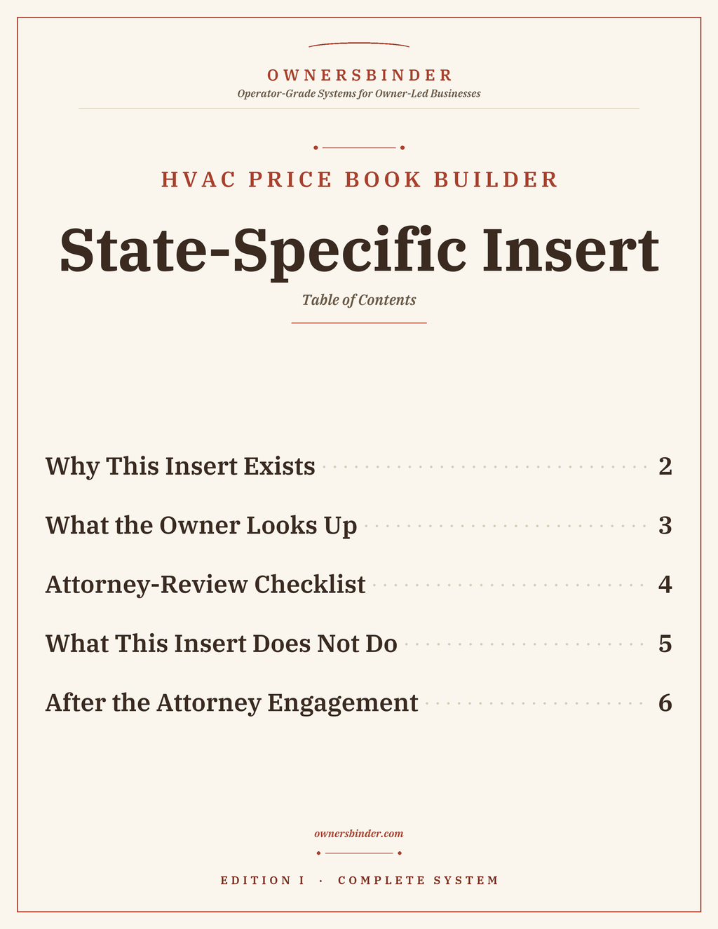 HVAC Price Book Builder State-Specific Insert contents: attorney-review checklist and state legal callouts