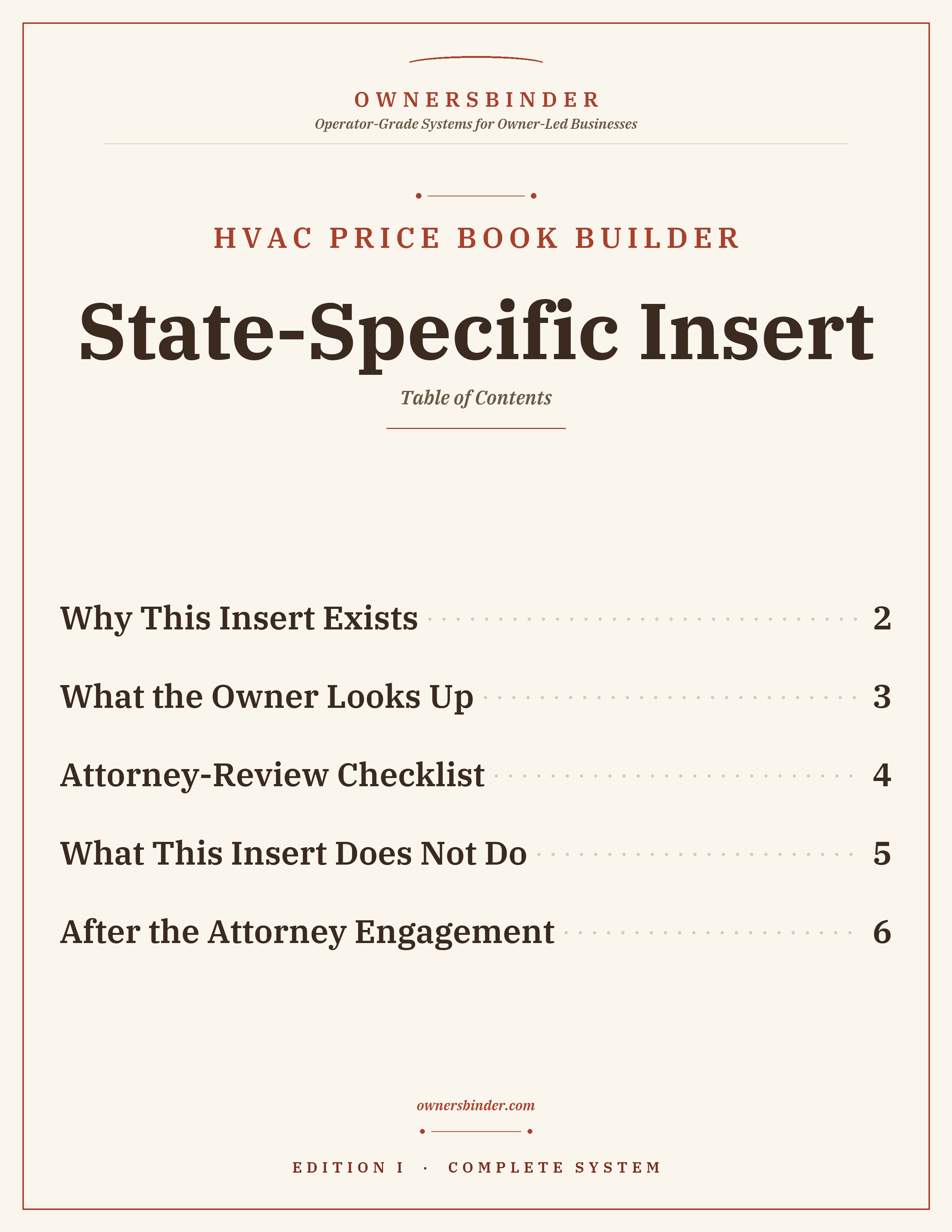 HVAC Price Book Builder State-Specific Insert contents: attorney-review checklist and state legal callouts